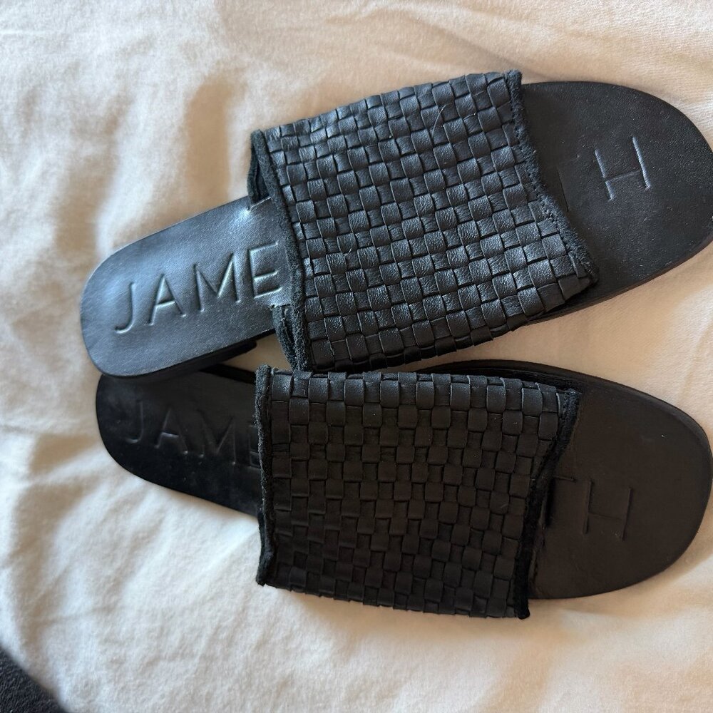 JAMES SMITH WOVEN SLIP ON SLIDES IN BLACK LEATHER